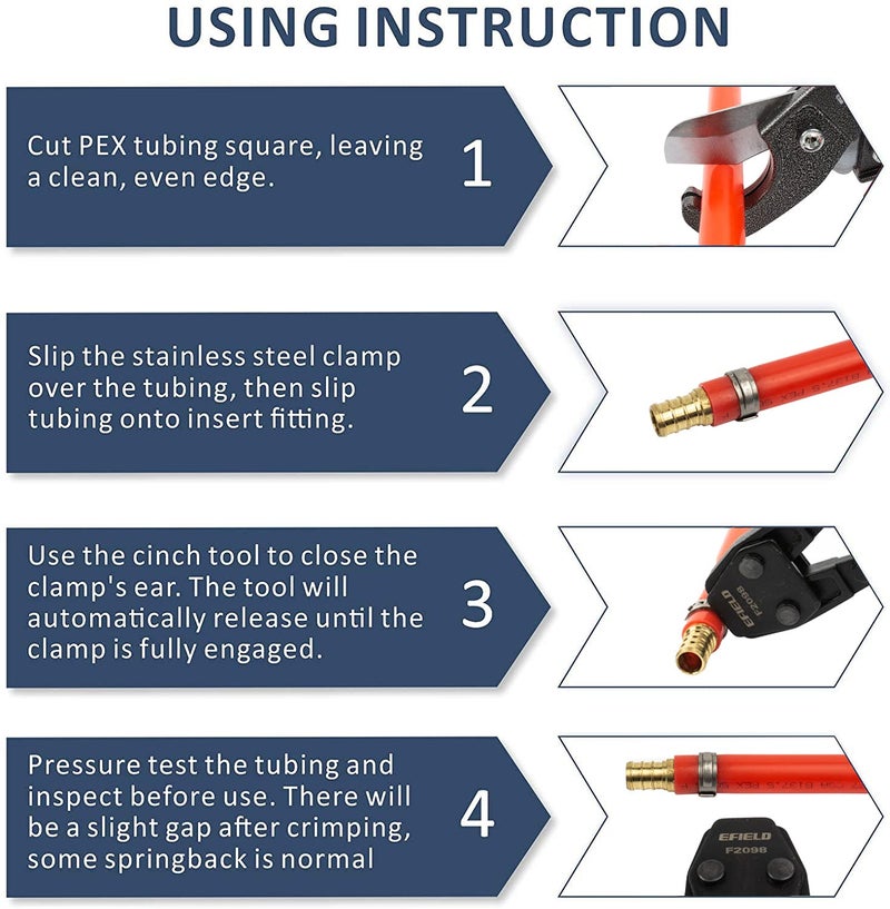EFIELD Pex Cinch Clamp/Ear Hose Clamps Crimping Tool for Stainless Steel Clamps Sizes from 3/8" to 1" with Metal Pipe Cutter 20pcs 1/2" and 10 pcs 3/4" Clamps Suit all US F2098 Standards,(TOOL003) - Image 4